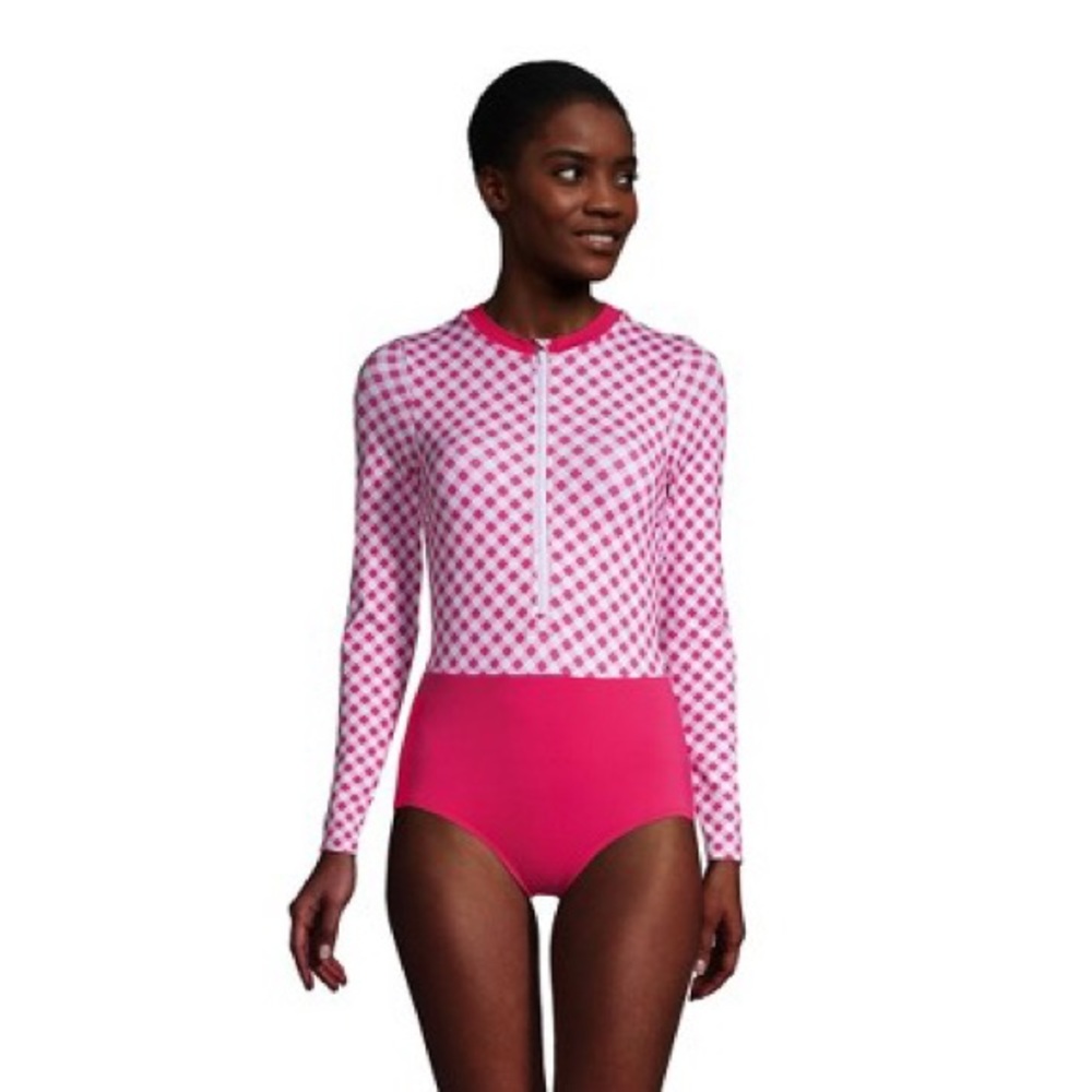 Draper James + Lands End pink zip down one piece UPF 50 swim suit.